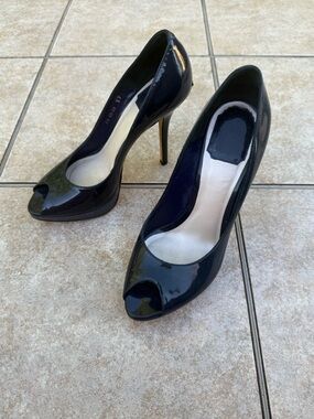 Christian Dior navy patent leather Miss Dior peep toe platform heels